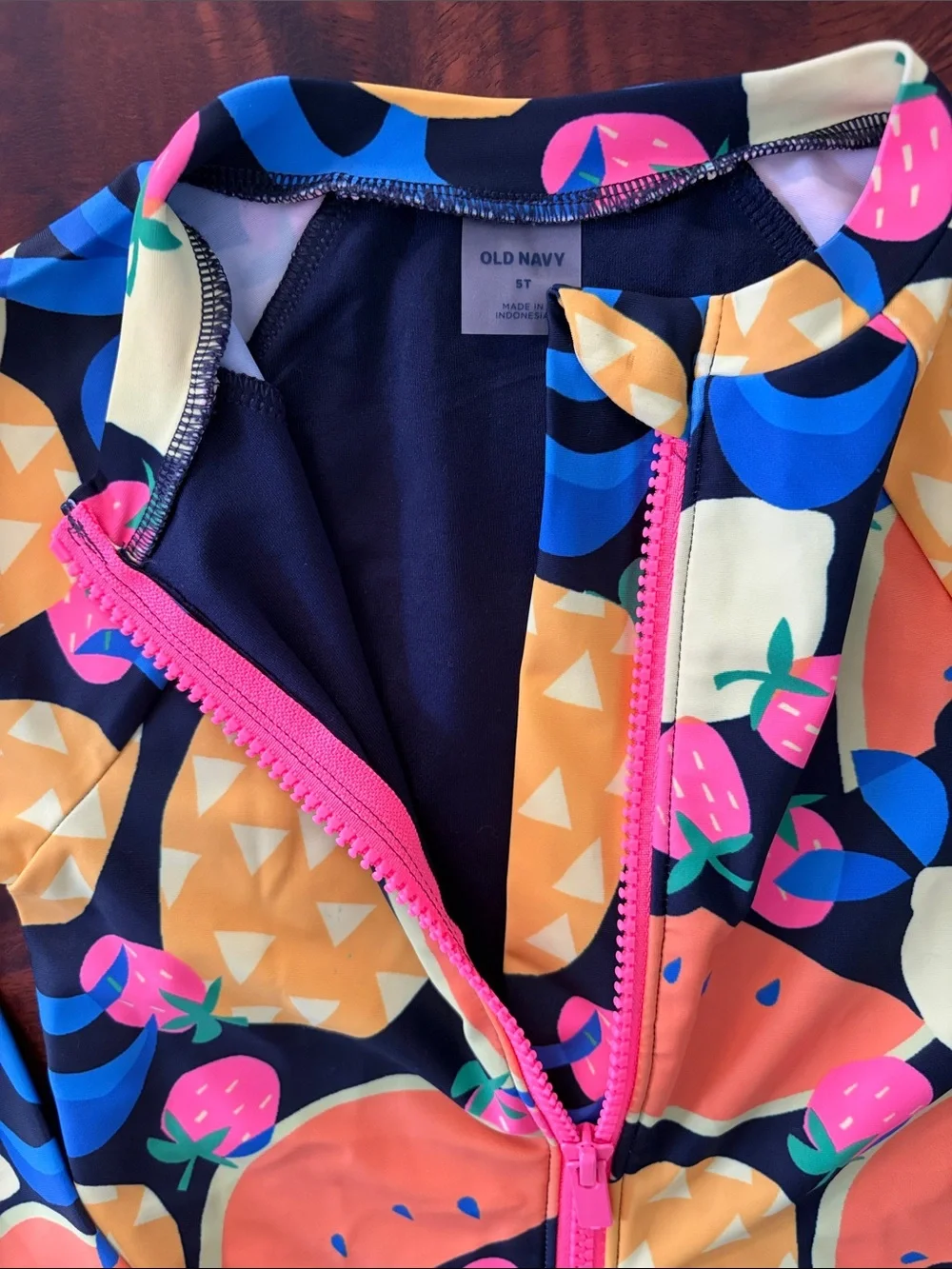 Girls' Long-Sleeve Fruit Print Rash Guard Swimsuit - Navy & Multicolor